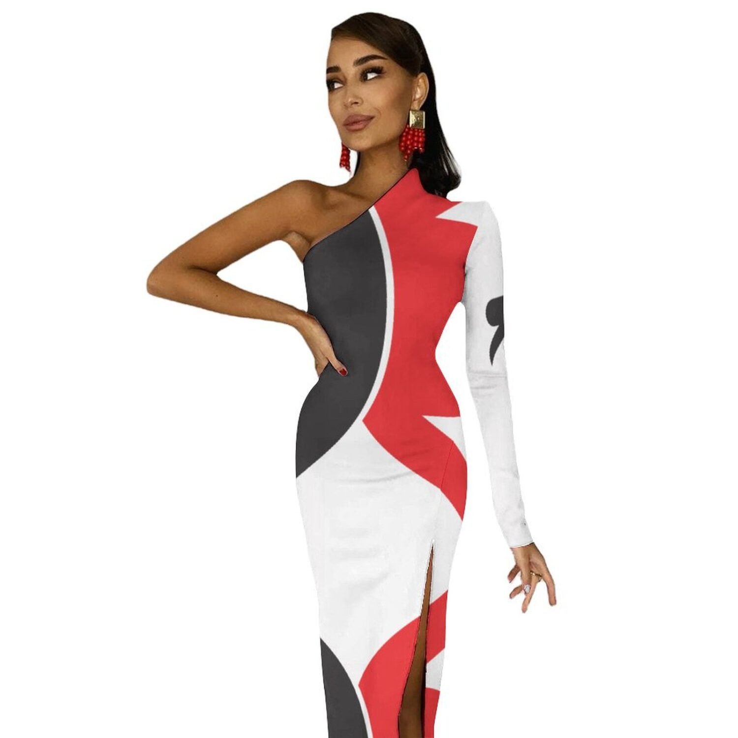 Half sleeve split dress One-Shoulder Slit Maxi Dress - Image 3